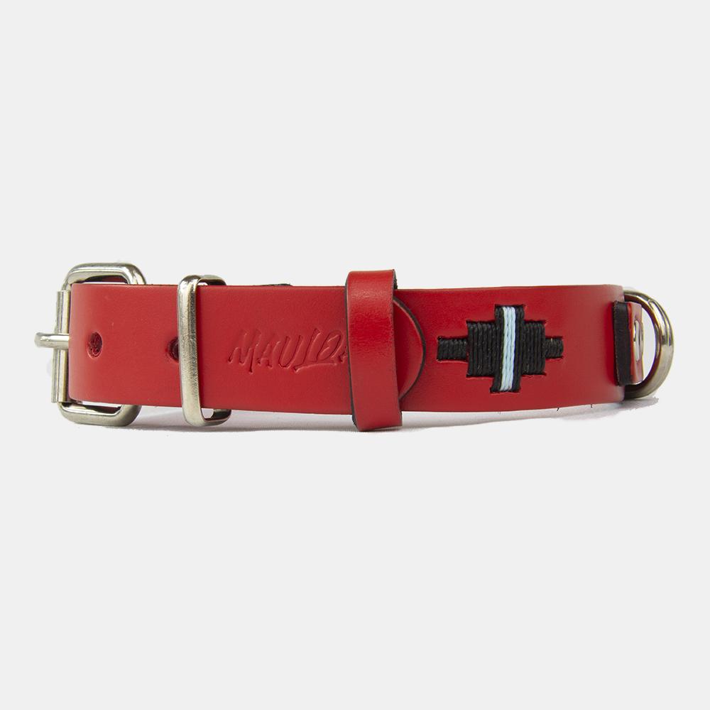 Collar para perros Mauloa, hecho en cuero, modelo Lassie, color Rojo con bordado en colores