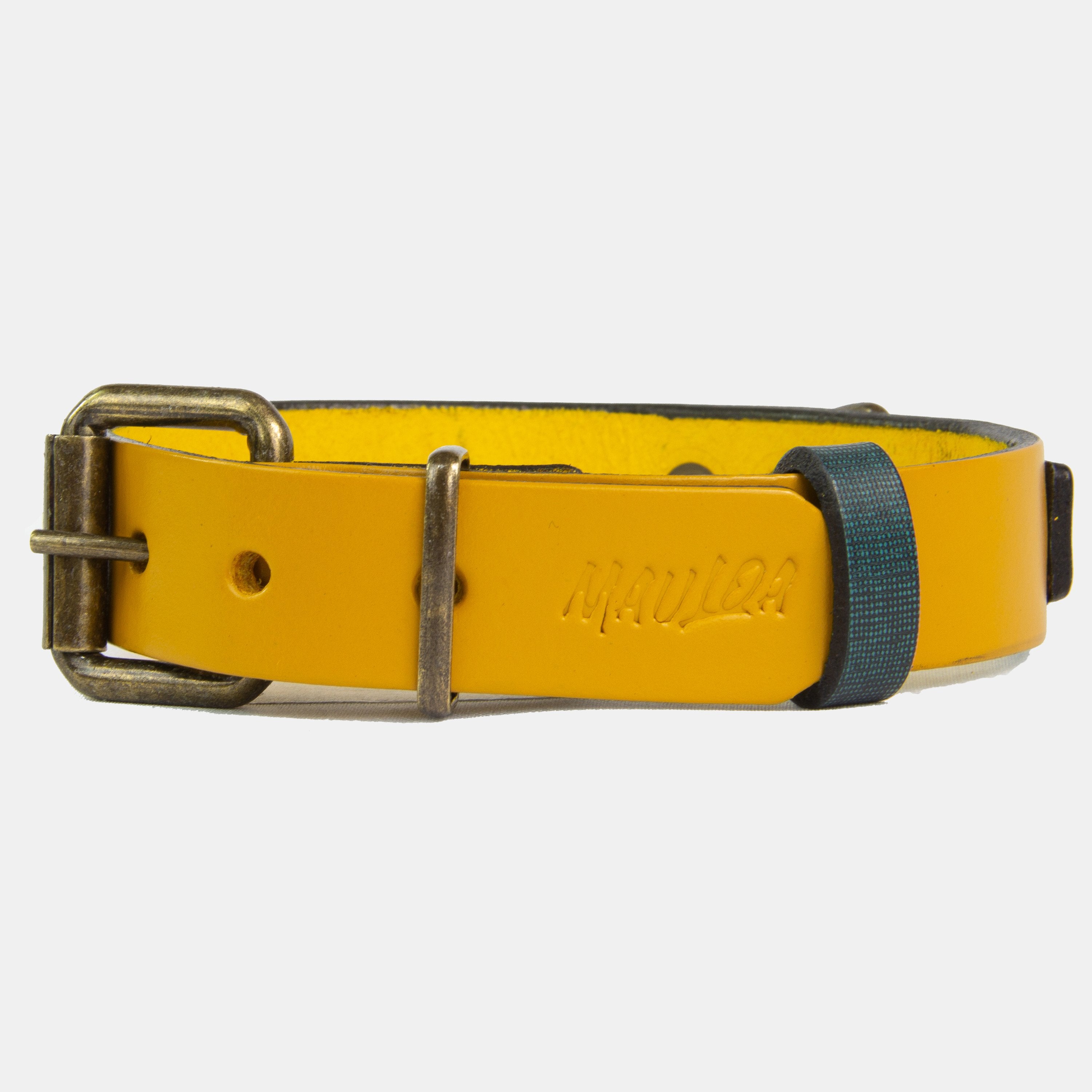 Collar para perros Mauloa, hecho en cuero, modelo Duke, color Amarillo con Jeans