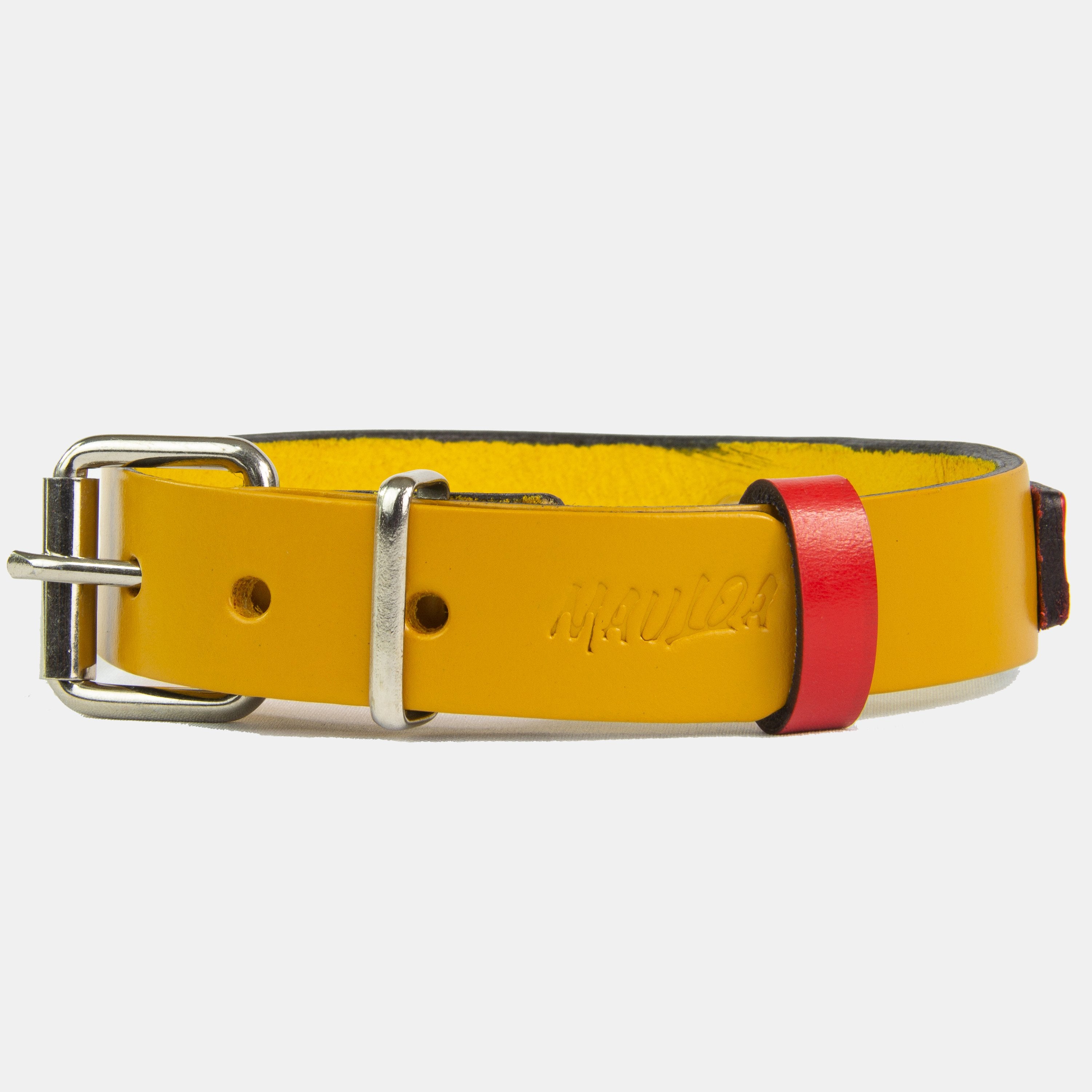 Collar para perros Mauloa, hecho en cuero, modelo Duke, color Amarillo con Rojo