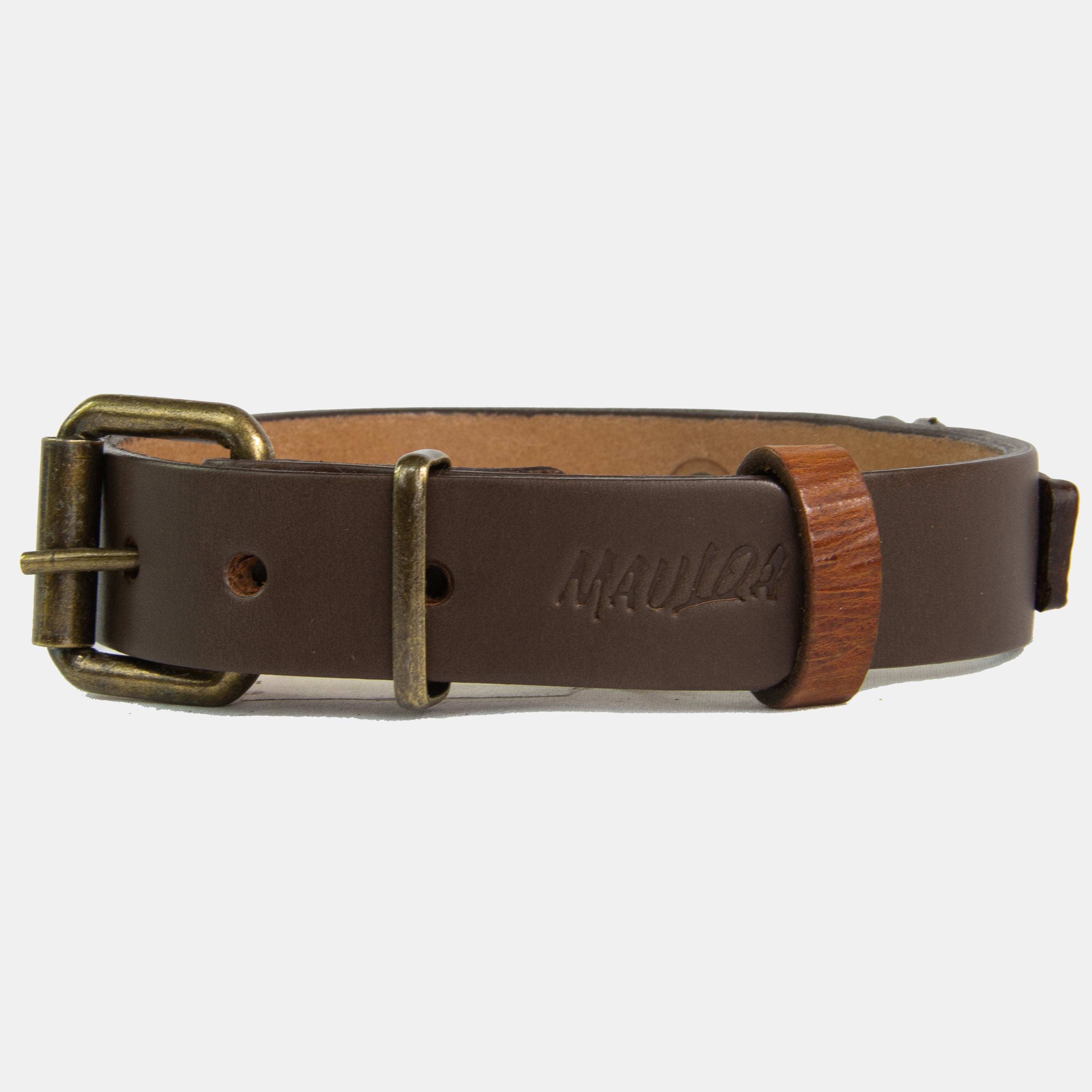 Collar para perros Mauloa, hecho en cuero, modelo Duke, color Marrón con Marrón Corrugado Envejecido