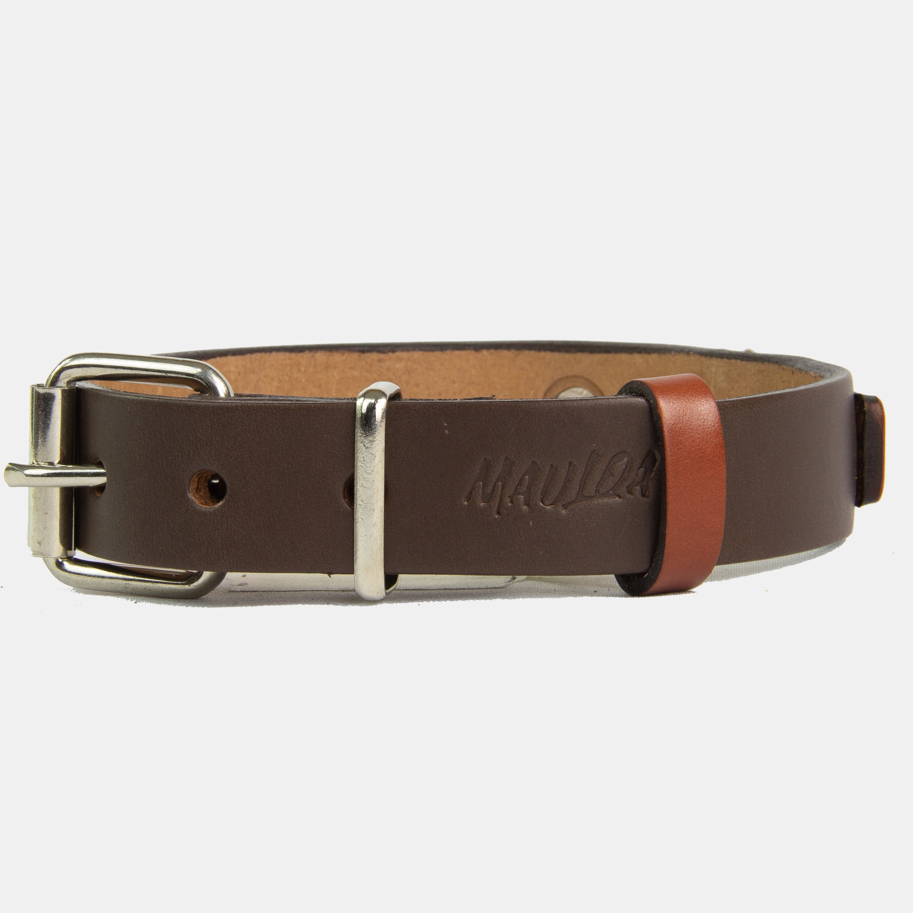 Collar para perros Mauloa, hecho en cuero, modelo Duke, color Marrón con Whisky