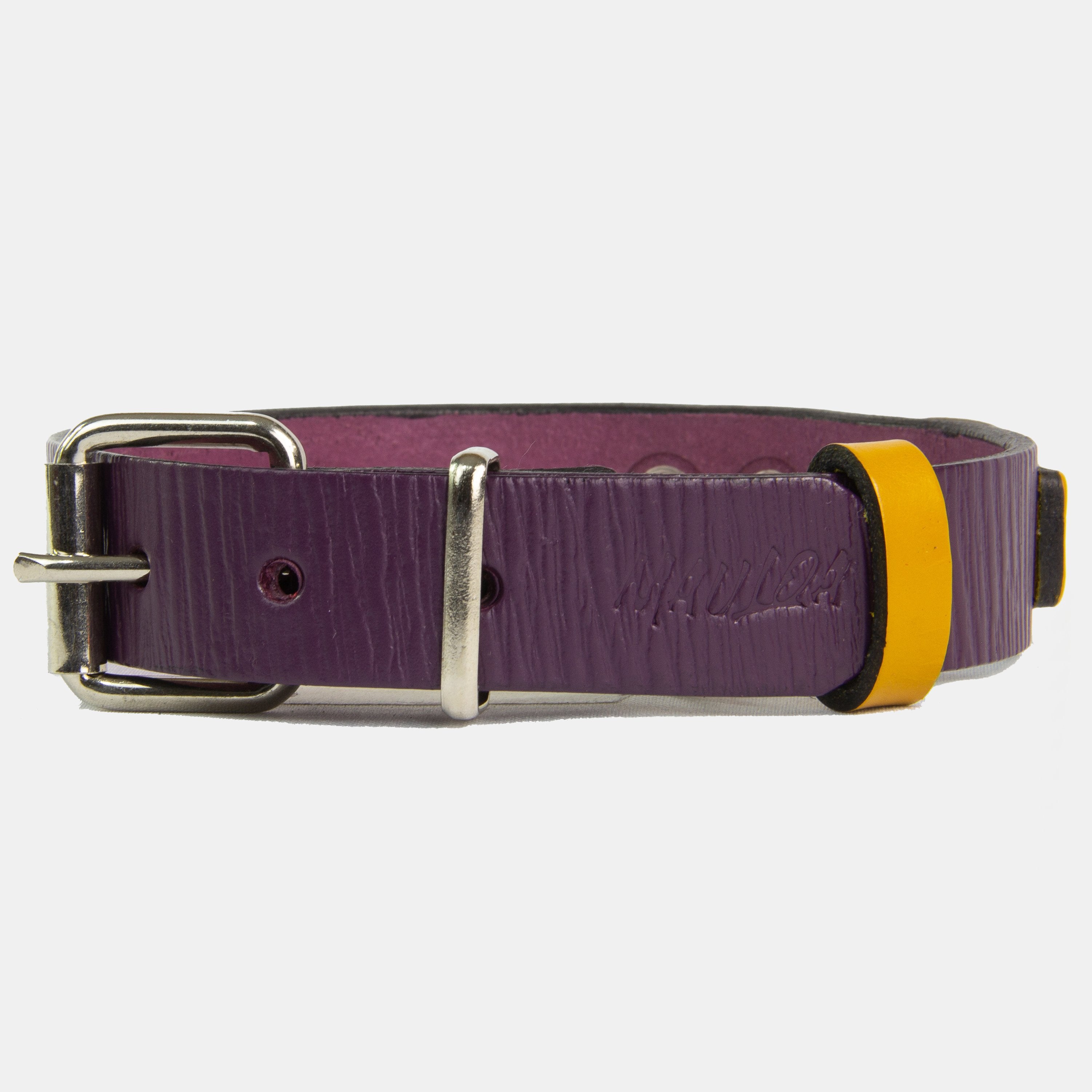 Collar para perros Mauloa, hecho en cuero, modelo Duke, color Morado Corrugado con Amarillo