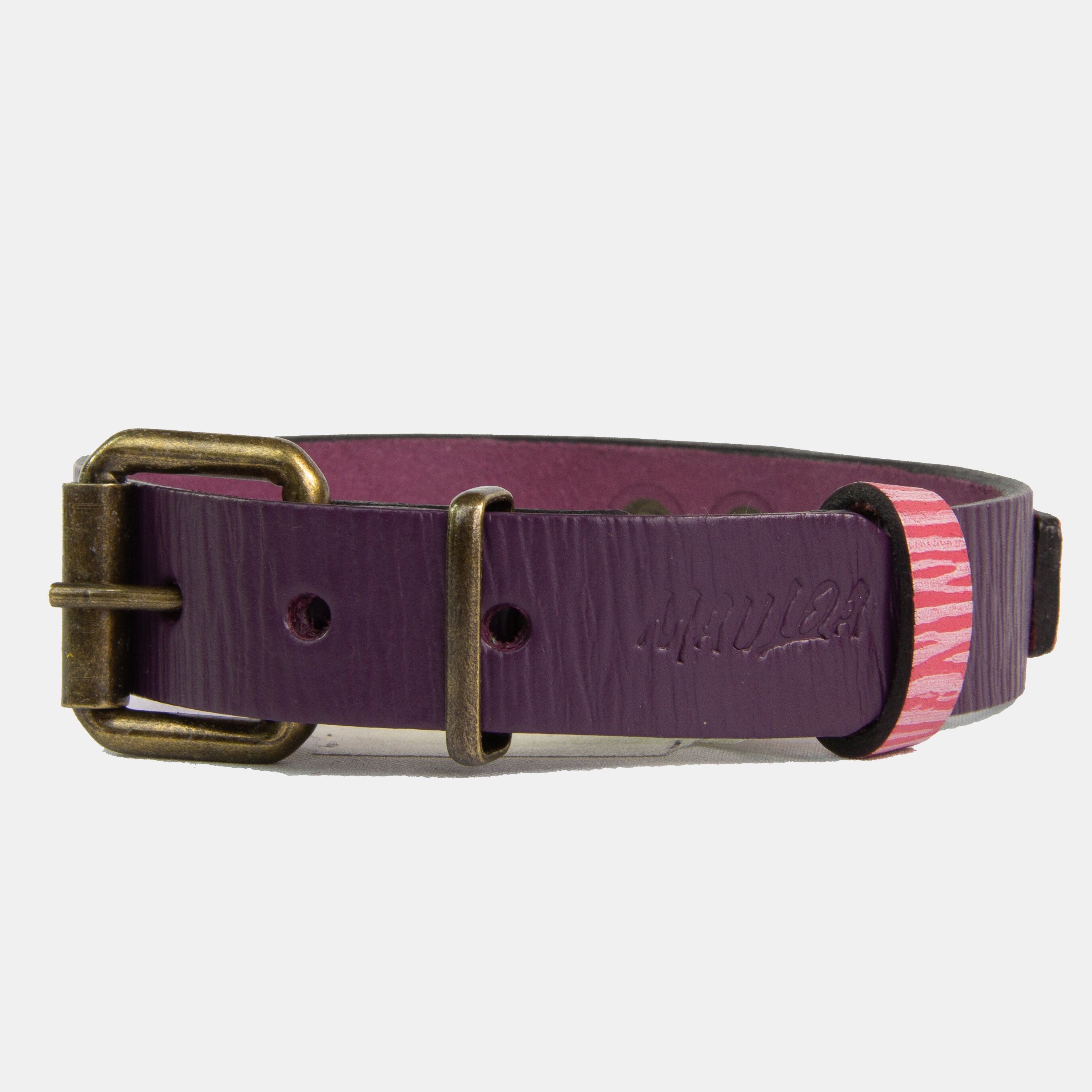 Collar para perros Mauloa, hecho en cuero, modelo Duke, color Morado Corrugado con Rosado Corrugado