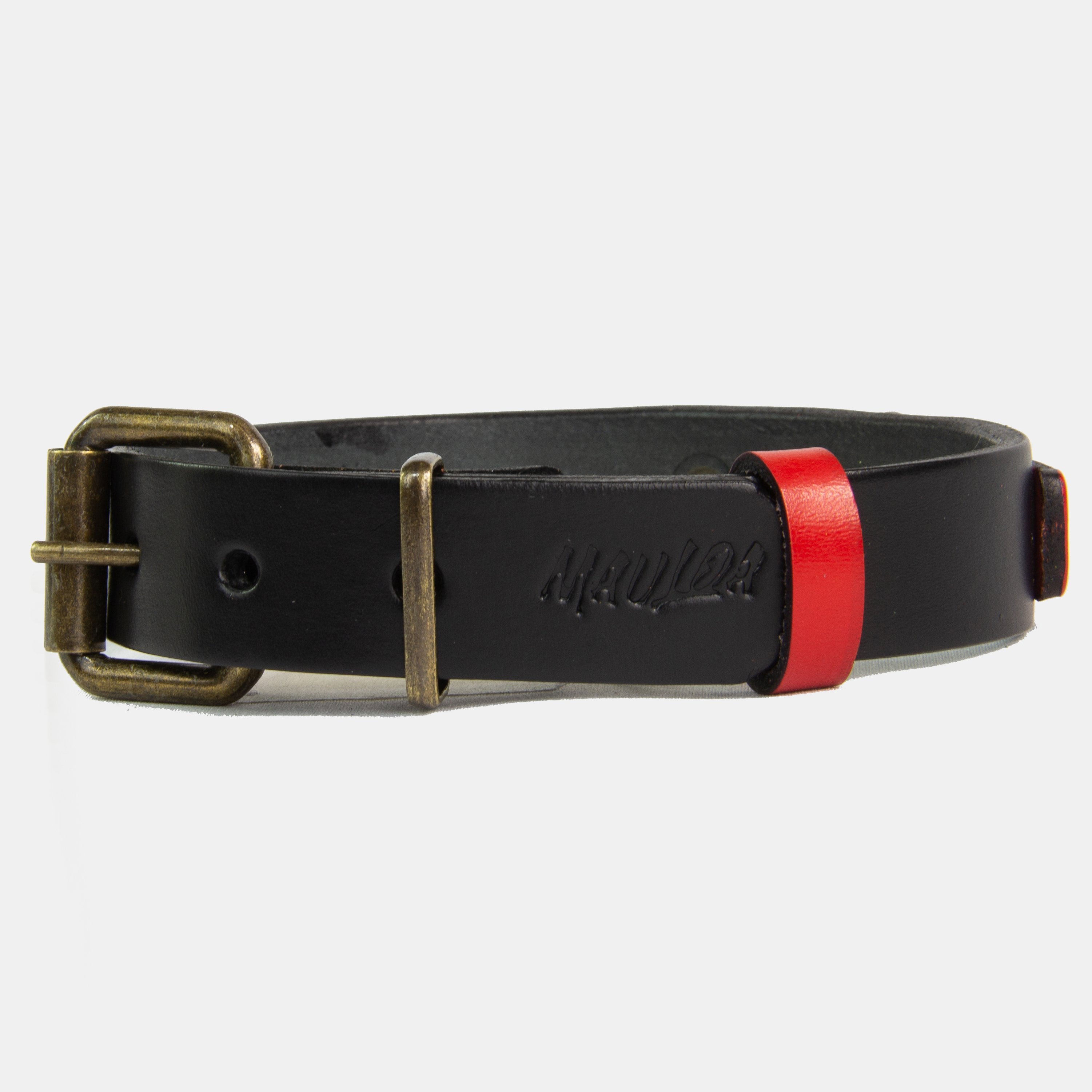 Collar para perros Mauloa, hecho en cuero, modelo Duke, color Negro con Rojo