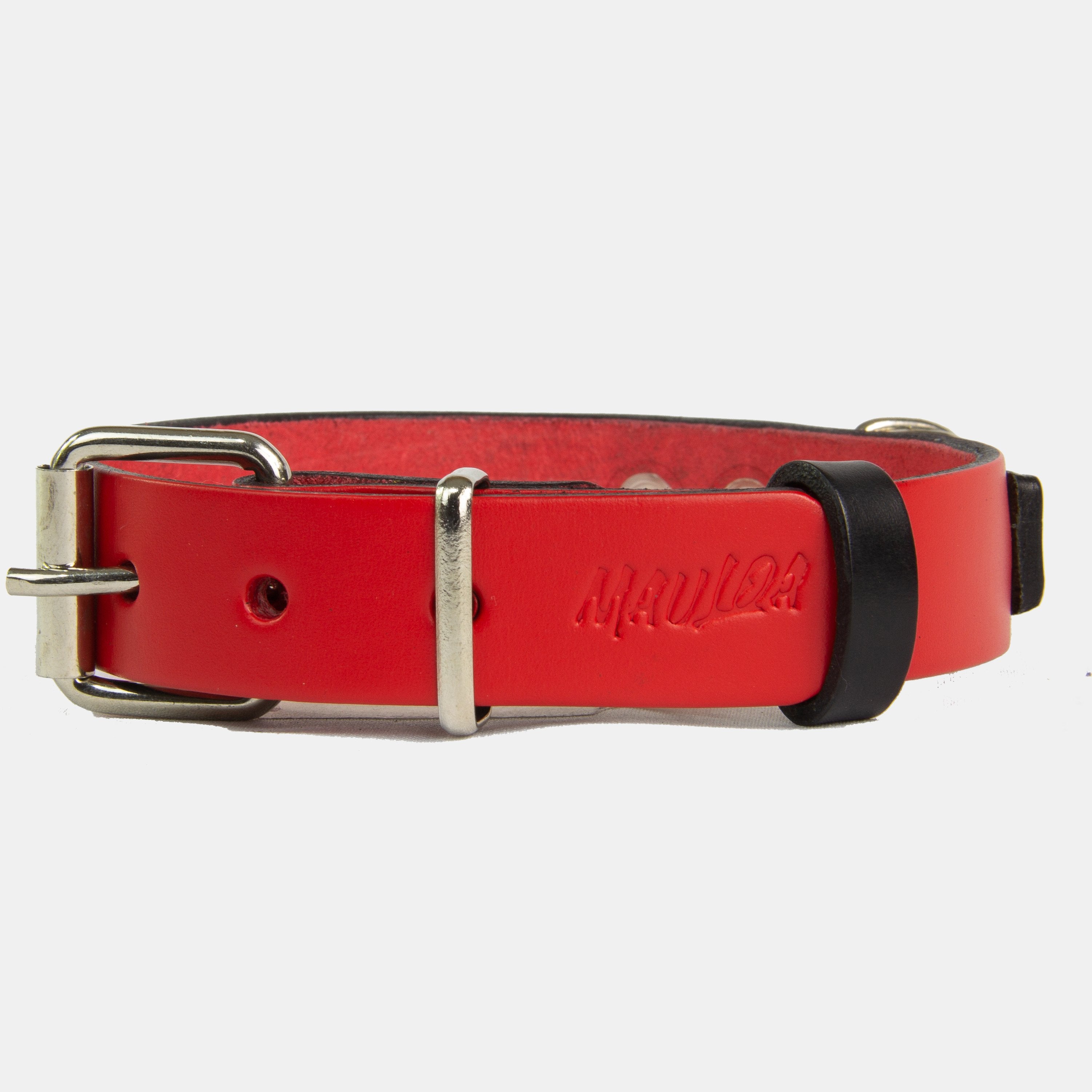 Collar para perros Mauloa, hecho en cuero, modelo Duke, color Rojo con Negro