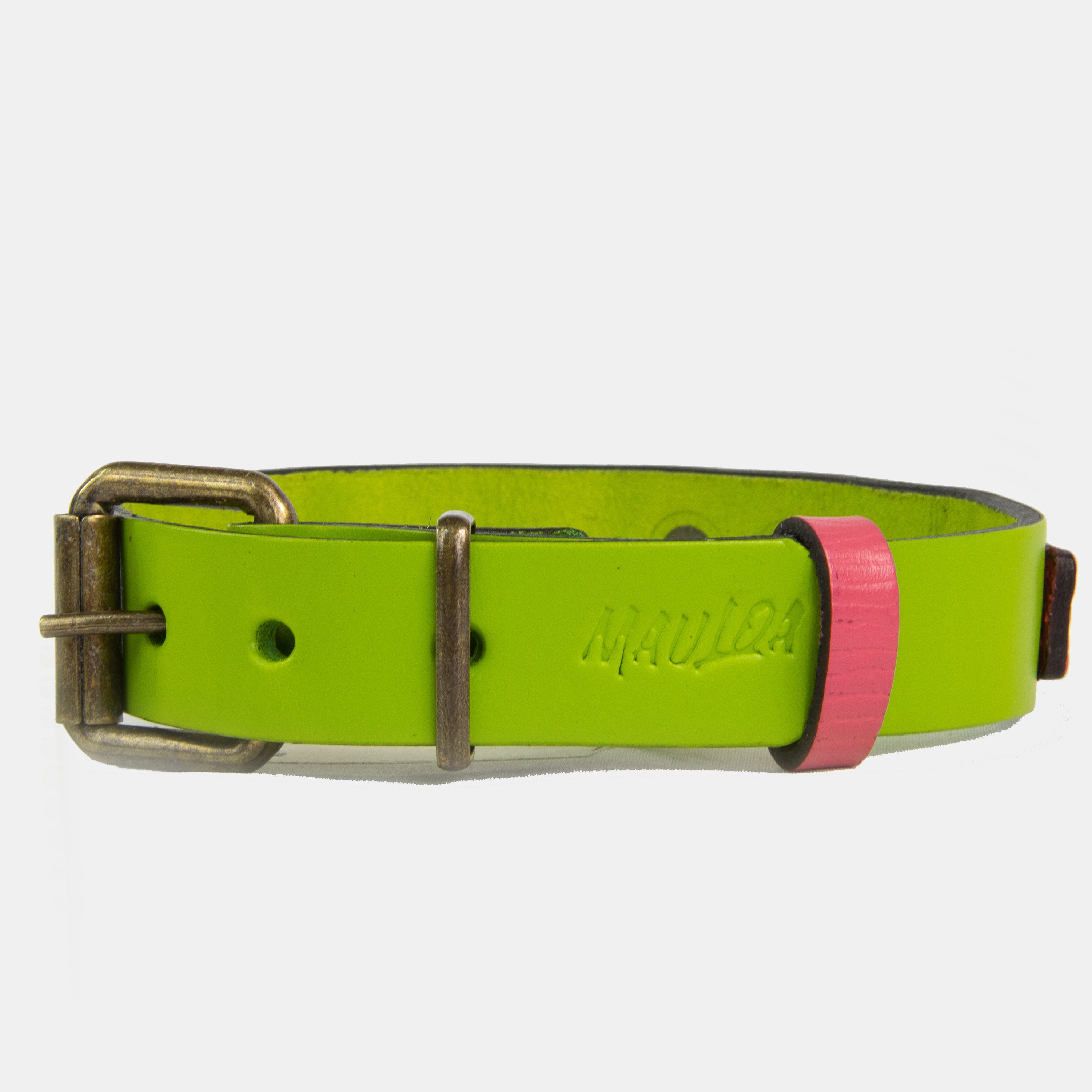 Collar para perros Mauloa, hecho en cuero, modelo Duke, color Verde Claro con Fucsia Corrugado