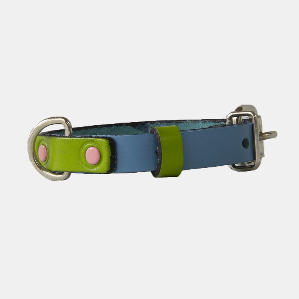 Collar para perros Mauloa, hecho en cuero, modelo Snoopy A, color Celeste con Verde Claro