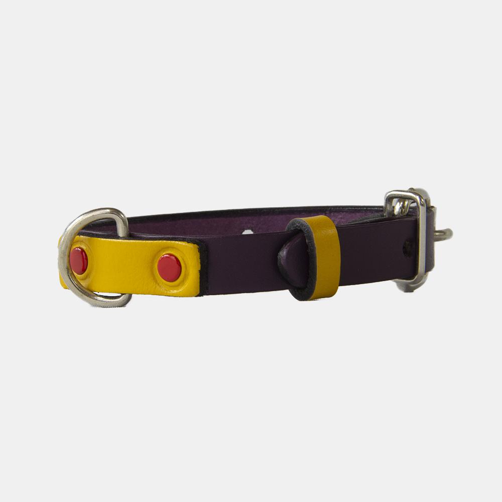 Collar para perros Mauloa, hecho en cuero, modelo Snoopy A, color Morado con Amarillo