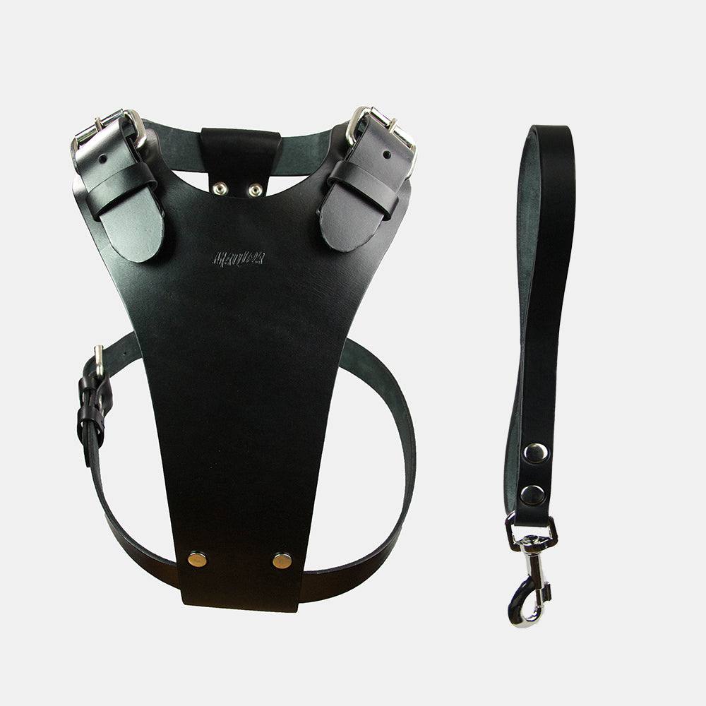Arnés para perro color  negro, de cuero y muy resistente, hecho especialmente para perros de raza grande.