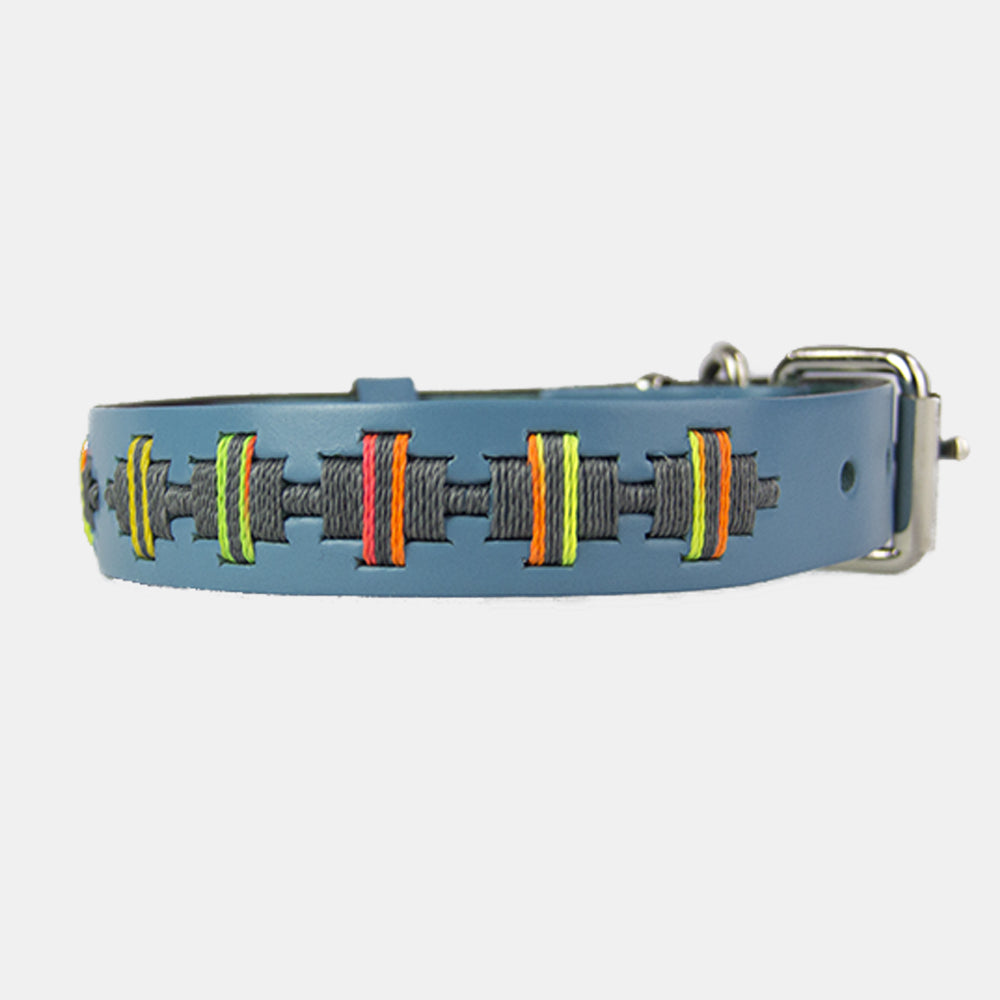 Collar para perros Mauloa, hecho en cuero, modelo Toby, color Celeste con bordado simple en colores
